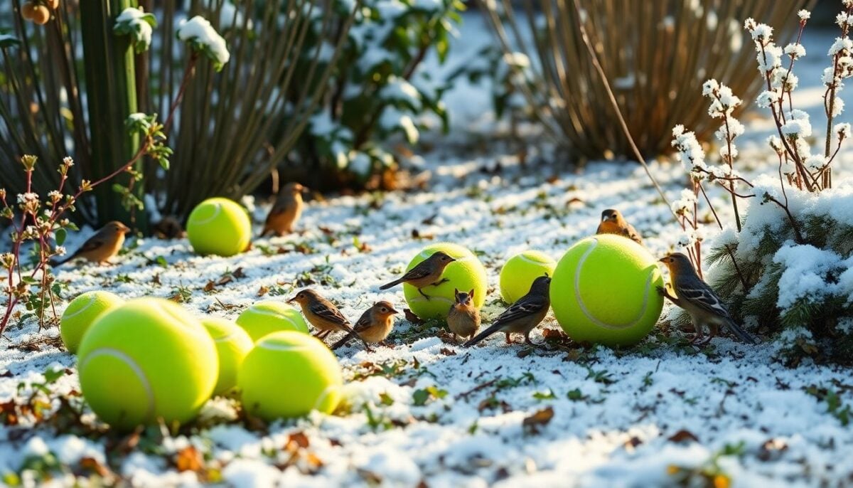 Bolas de tênis espalhadas no jardim para ajudar a fauna